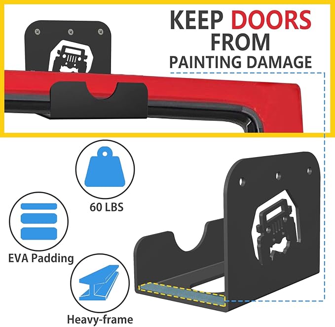 WIPHANY 4 Pcs Removable Door Storage Hanger with Rubber Wall Mount Heavy Duty Door Hanger Storage Holder Bracket Rack For1956-2020 Wrangler CJ YJ TJ LJ JK JKU JL JLU & 2021 Gladiator JT On Garage Pack