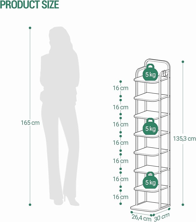 8 Tiers Vertical Shoe Rack, Narrow Shoe Tower, Tall Shoes Shelf with 2 Hooks, Adjustable Shelves, Corner Shoes Shelves for Small Spaces, Entryway, Living Room, White SR04313W