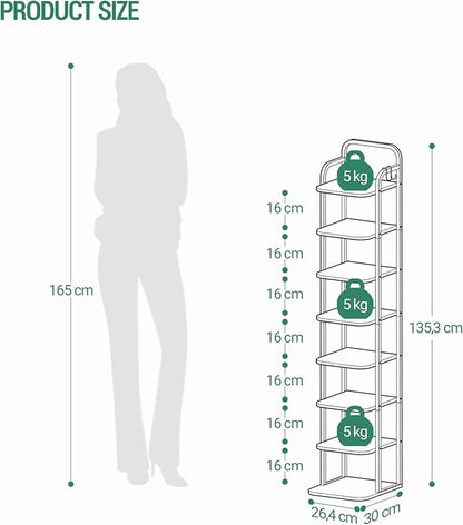 8 Tiers Vertical Shoe Rack, Narrow Shoe Tower, Tall Shoes Shelf with 2 Hooks, Adjustable Shelves, Corner Shoes Shelves for Small Spaces, Entryway, Living Room, White SR04313W