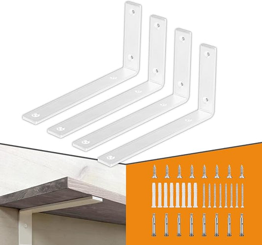 CLT White Shelf Bracket, 8” X 4.3” Quarter Inch (1/4") Thick- Max Load: 440 lb Rustic Industrial Modern Farmhouse Heavy Duty Cold Rolled Steel Bracket for Table Bench, Space Saving DIY, Pack of 4