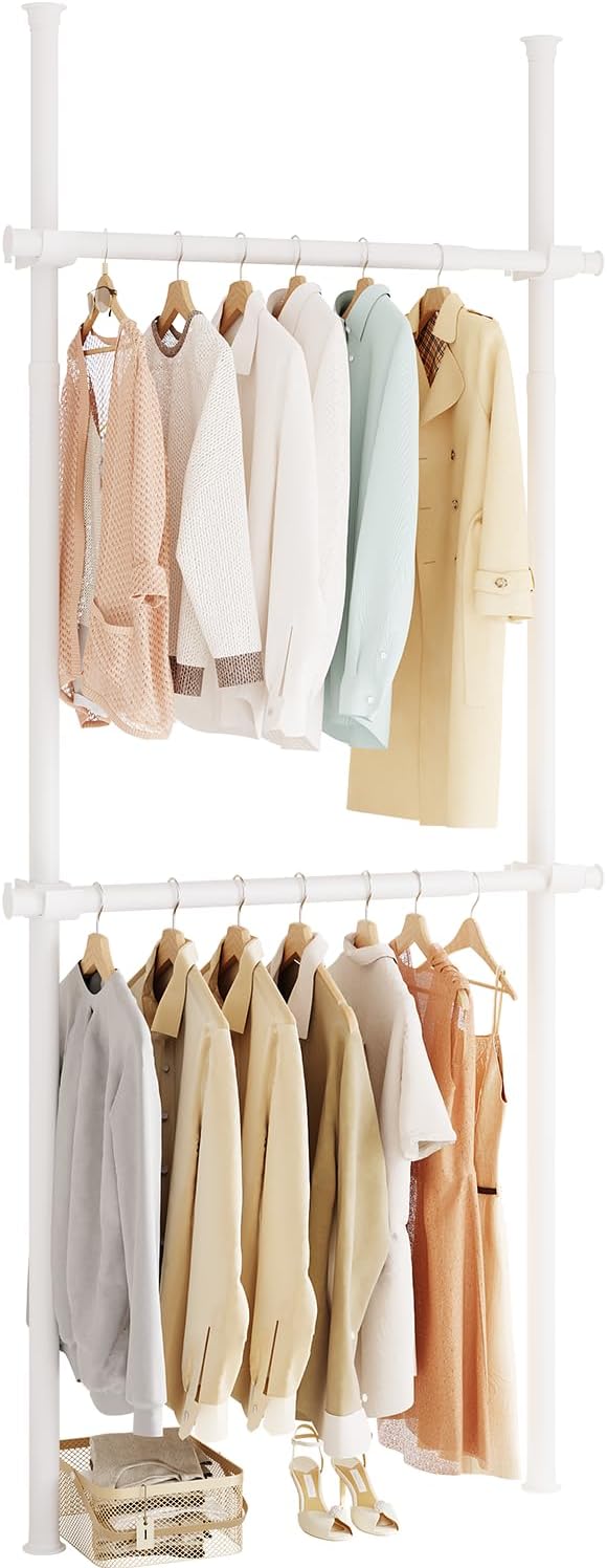 Floor to Ceiling Clothes Rack, Heavy-Duty Telescopic Garment Rack, 43–122in Height & 30–47in Width, 220lbs Total Load Capacity, 2-Pole, White