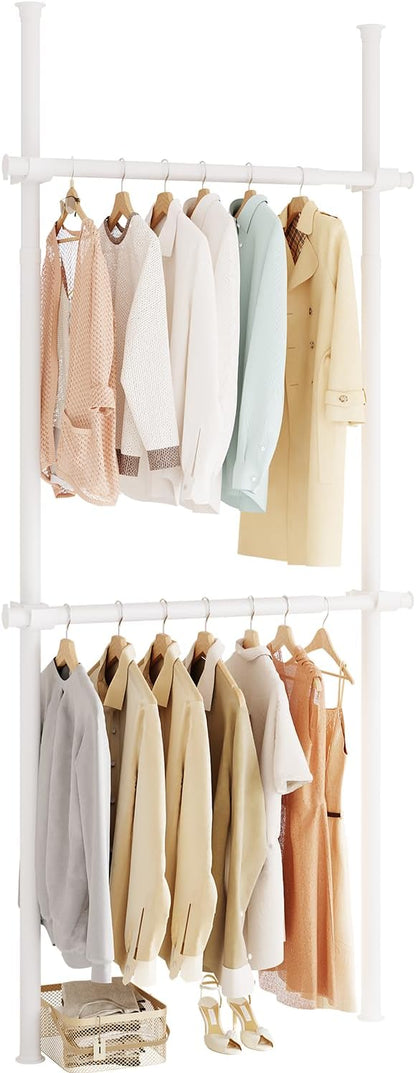 Floor to Ceiling Clothes Rack, Heavy-Duty Telescopic Garment Rack, 43–122in Height & 30–47in Width, 220lbs Total Load Capacity, 2-Pole, White