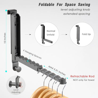 Folding Clothes Drying Rack with 3 Brackets for Over The Door and Wall Mount, All Metal Laundry Dryer Rack with Retractable Rod for Towel, Fit Doors Thickness from 0.59in to 1.96in (Space Grey)