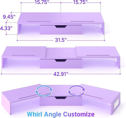 Elephance Dual Monitor Stand with USB Ports,Wood Computer Monitor Stand with Drawer,Adjustable Monitor Stand Riser,Desk Organizer for PC,Computer,Laptop,Purple Pink