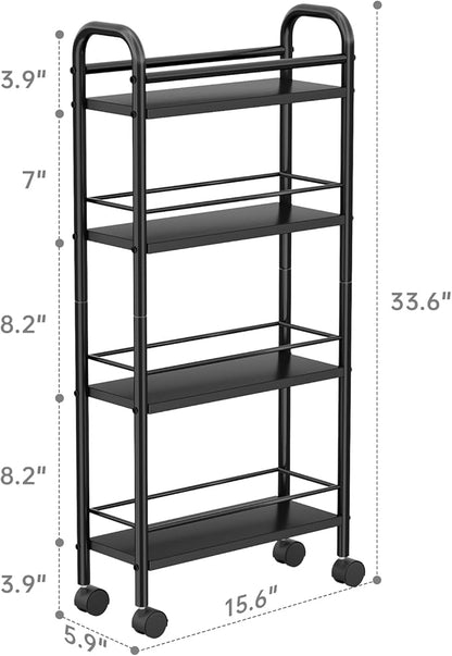 Slim Storage Cart, 4-Tier Small Rolling Cart with Wheels, 5.9" Deep, Narrow Bathroom Shelf Trolley for Kitchen, Bathroom, Laundry Room, Black Standard 4-Tier (5.9" W x 33.6" H)
