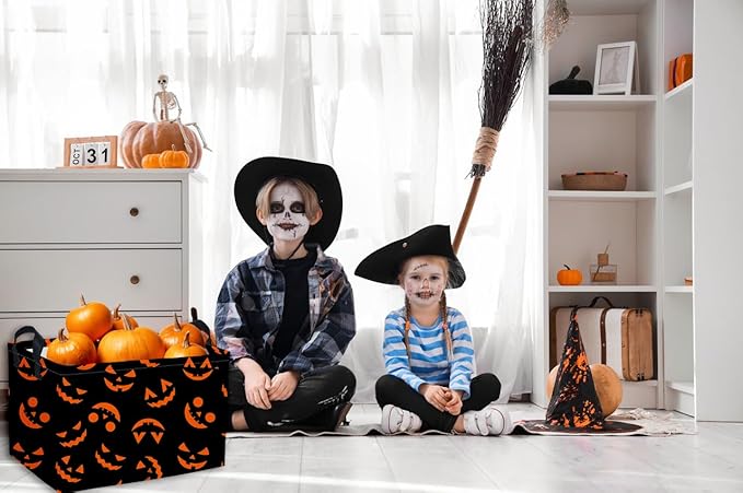 Essme Rectangular Halloween Basket,Kids Baskets Empty with Handles for Kids Halloweens Room Decor,Boys and Girls,Candy Basket（Funny face）
