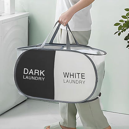 Pop Up Laundry Hamper 2 Section, Collapsible Laundry Basket with Carry Handles for Home, Laundry Room, Bedroom, Dorm, RV Travel (Black & Beige - 2 Compartments)