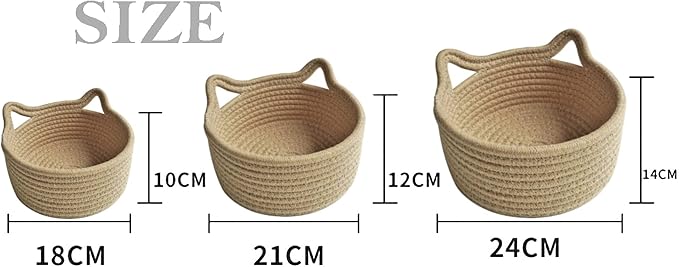 Small Woven Baskets | Mini Storage Bins | Cotton Rope Baby Nursery Organizers | Cute Round Cat Ears Basket for Organizing Desk Decor Kids Toy Dog Cat Baby Girls Gifts-Set of 3(Beige)