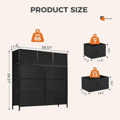Sweetcrispy Dresser for Bedroom with 9 Storage Drawers, Tall Large Fabric Storage Tower Organizer, Chest of Drawers with Metal Frame Wooden Top for Closet, Living Room, Entryway, Black