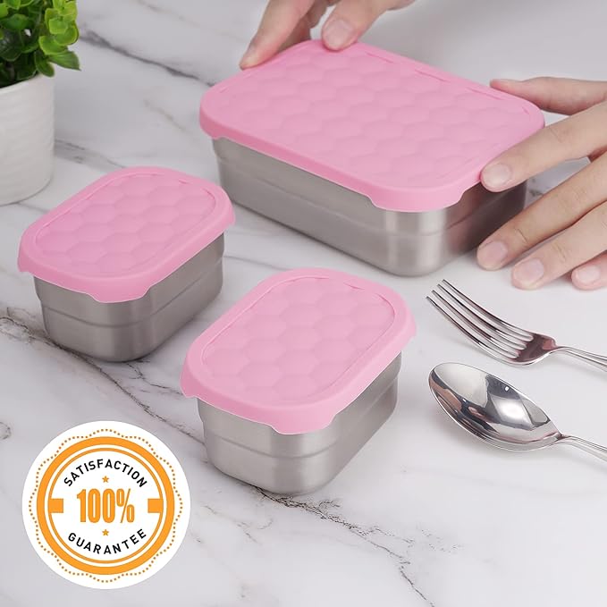 Stainless Steel Lunch Box for Kids | Leak Proof 304 Stainless Steel Snack Containers with Silicone Lids - Perfect Metal Food Containers Set for Kids and Toddlers (25oz+8oz*2)