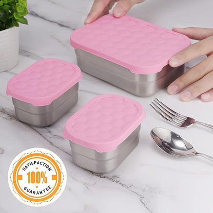 Stainless Steel Lunch Box for Kids | Leak Proof 304 Stainless Steel Snack Containers with Silicone Lids - Perfect Metal Food Containers Set for Kids and Toddlers (25oz+8oz*2)