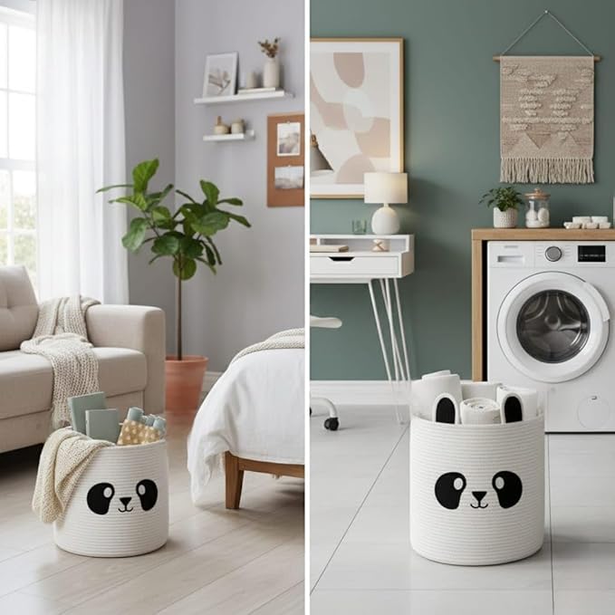 Collapsible Laundry Baskets for Kids & Toy Storage Organizer | Large Panda Woven Cotton Rope Bin for Stuffed Plushies | Cute Animal Face Hamper with Cutout Handles for Nursery, Playroom & more (Panda)