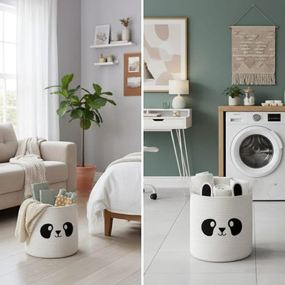 Collapsible Laundry Baskets for Kids & Toy Storage Organizer | Large Panda Woven Cotton Rope Bin for Stuffed Plushies | Cute Animal Face Hamper with Cutout Handles for Nursery, Playroom & more (Panda)