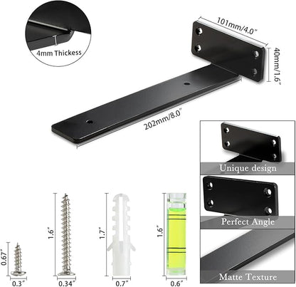 HEART ART Floating Shelf Bracket 8 Inch,4 Pack Heavy Duty Shelf Brackets,L Brackets for Shelves Black,8”L x 1.4”H x1.4”W