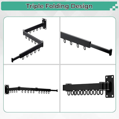 Wall Mounted Drying Rack,Foldable and Rotatable Clothes Drying Rack, Triple Folding Hanger Saves Space,Suitable for Cloakroom,Balcony, Bathroom,The Maximum Load Bearing 50kg (Black)