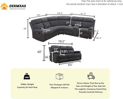 Corduroy Sectional Recliner Sofa Set with Drop-Down Table, Living Room Furniture, Grey Reclining Sectional Sofa Set and Loveseat with Cup Holder and Storage Console for Living Room, Office