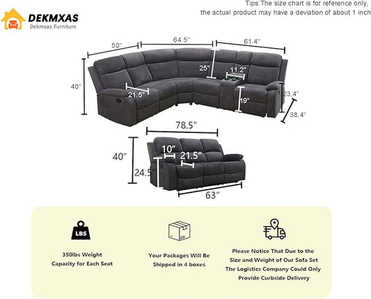 Corduroy Sectional Recliner Sofa Set with Drop-Down Table, Living Room Furniture, Grey Reclining Sectional Sofa Set and Loveseat with Cup Holder and Storage Console for Living Room, Office