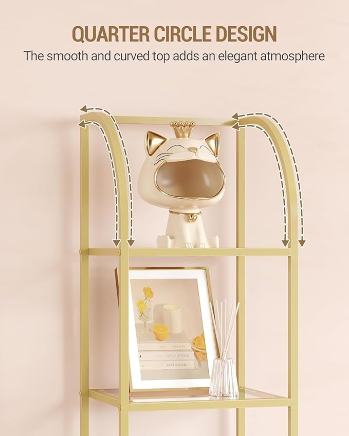 Bookcase Bookshelf, Tempered Glass Arched Bookshelf for More Storage, Slim Shelving Unit for Bedroom, Bathroom, Home Office, Steel Frame, 6 Tier Gold BC20699G
