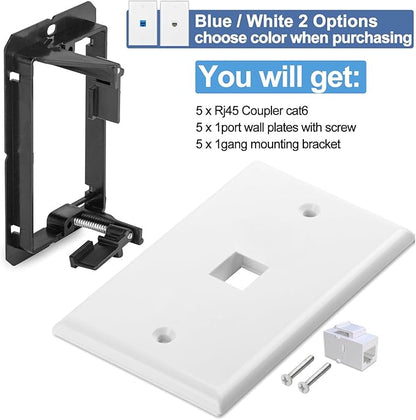 5 Pack Ethernet Wall Plate RJ45 Cat6 Keystone Jack Coupler Network Outlet Female to Female White 1 Port Inline Connector with Low Voltage Mounting Bracket Internet Interconnect Panels Cable