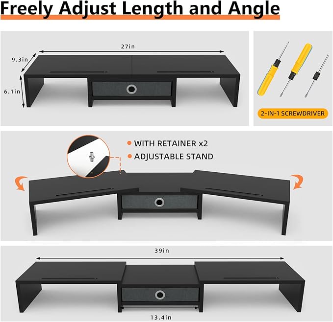 WESTREE Dual Monitor Stand Riser with Drawer, Adjustable Length and Angle Monitor 2 Solts for Phone & Tablet, Desktop Organizer Stand for Computer/Laptop/PC/Printer