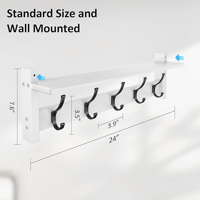 Coat Rack Wall Mount with Shelf, 24 Inch Coat Hanger Walls Mounted, Hat Rack for Walls, Shelf with 5 Coat Hooks, Wall Hanger for Entryway (White)