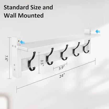 Coat Rack Wall Mount with Shelf, 24 Inch Coat Hanger Walls Mounted, Hat Rack for Walls, Shelf with 5 Coat Hooks, Wall Hanger for Entryway (White)