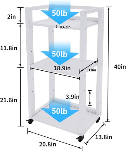 Natwind 3-Tier Movable Printer Stand Floor-Standing Desk Side Shredder Stand Computer Host Holder Adjustable Storage Shelf Rack on Wheels for Fax Scanner File Book (White)