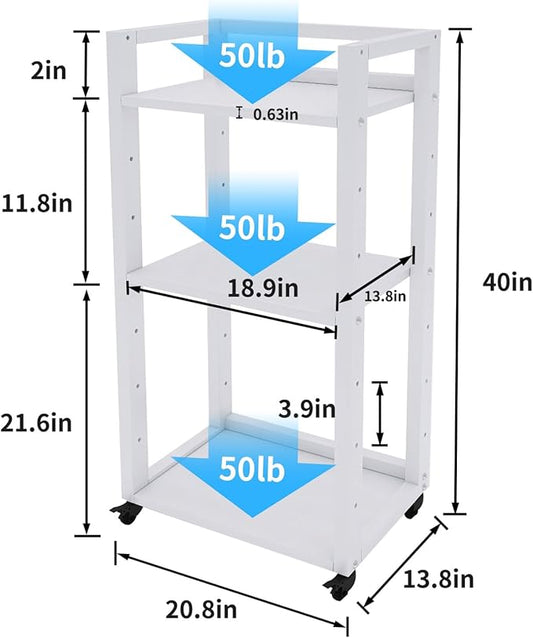 Natwind 3-Tier Movable Printer Stand Floor-Standing Desk Side Shredder Stand Computer Host Holder Adjustable Storage Shelf Rack on Wheels for Fax Scanner File Book (White)