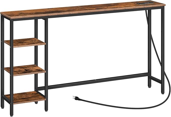 HOOBRO Console Table with Power Outlet, 63" Behind Sofa Table with Shelves, Narrow Entryway Table with Storage, Couch Table for Living Room, Hallway, Rustic Brown and Black BF164UXG01