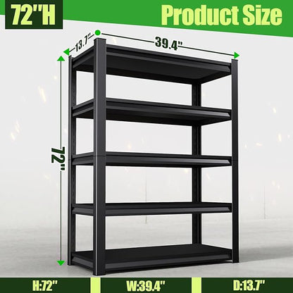 Garage Shelving,Heavy Duty Garage Storage Shelves,Metal Shelving Unit,5 Tier Adjustable Steel Utility Shelf,Use for Basement,Warehouse, Pantry Closet,Black (72" H*39.4" W*13.7" D)