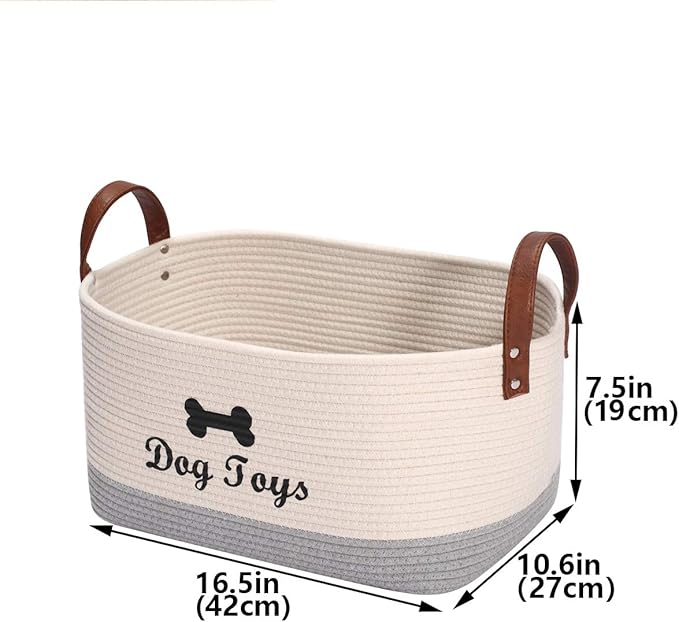 Geyecete X-Large Cotton Rope Dog Basket with Leather handle Blanket Storage Basket Decorative Clothes Hamper Basket | Extra Large Baskets for Blankets or Laundry-Beige/Gray