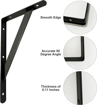Heavy Duty Shelf Brackets, 10 in X 6 in, for 4 6 8 12 16 20 Inch Black Powder-Coated Shelf Brackets, Wall Mount Floating Shelf Bracket 2 Pack, L Brackets