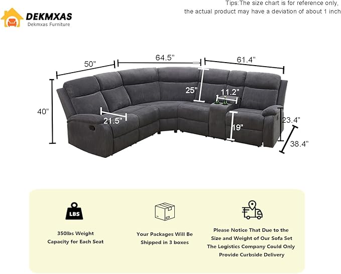 Living Room Furniture Sets, Grey Corduroy Sectional Manual Reclining Sofa Set with 2 Recliner Seats, 3PCS Recliner Secitonal Sofa with Cup Holders, Storage Console for Living Room, Office