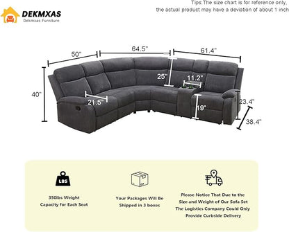 Living Room Furniture Sets, Grey Corduroy Sectional Manual Reclining Sofa Set with 2 Recliner Seats, 3PCS Recliner Secitonal Sofa with Cup Holders, Storage Console for Living Room, Office