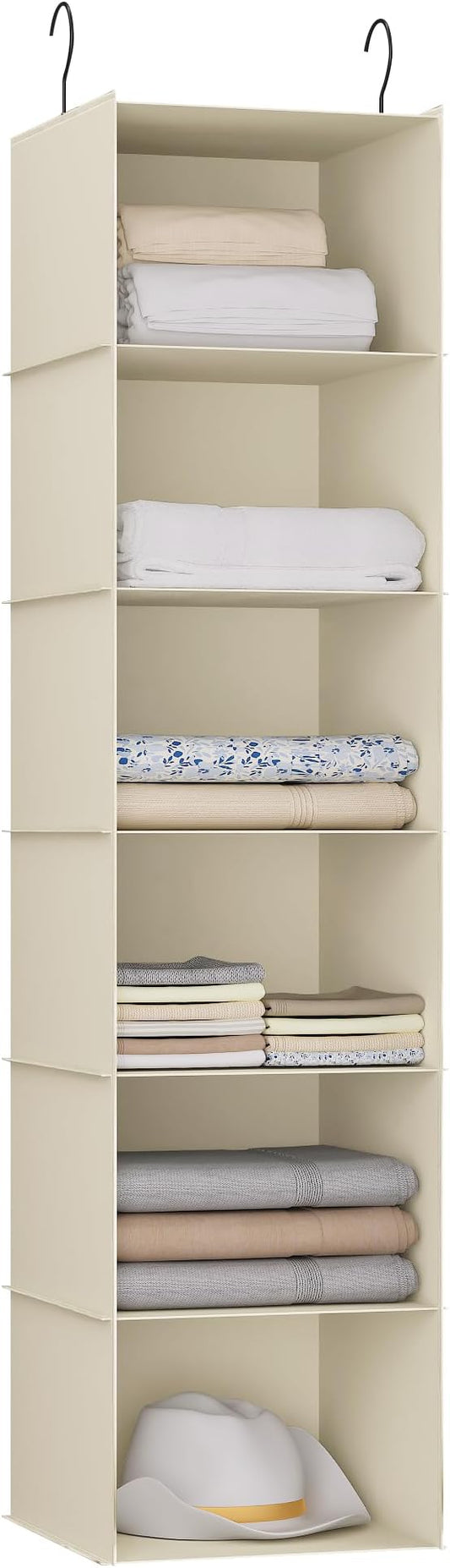 Hanging Closet Organizer, Easy Mount Foldable 6-Shelf Hanging Closet Wardrobe Storage Shelves, Clothes Handbag Shoes Accessories Storage, Washable Oxford Cloth Fabric, Beige