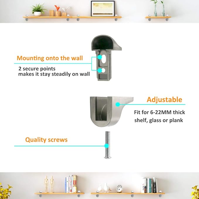 Adjustable Wood/Glass Shelf Bracket Wall Mount, Brushed Nickel, 4 Pack