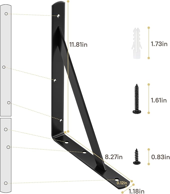 HOME MASTER HARDWARE 12 inch x 8 inch Heavy Duty Shelf Brackets, Load Capacity: 600lb, Black Metal 90 Degree Supports for Shelves 10-Pack, Wall Mounted L Bracket for Floating Shelving with Screws