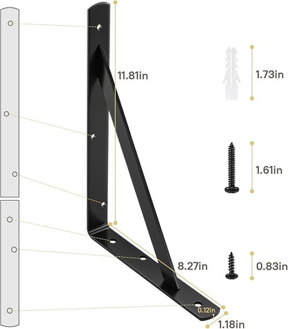 HOME MASTER HARDWARE 12 inch x 8 inch Heavy Duty Shelf Brackets, Load Capacity: 600lb, Black Metal 90 Degree Supports for Shelves 10-Pack, Wall Mounted L Bracket for Floating Shelving with Screws