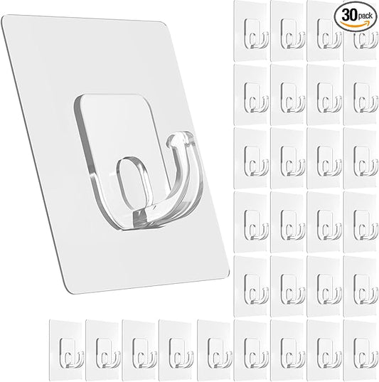 Large Adhesive Hooks, 33lb Heavy Duty Utility Hooks for Hanging, 30 Pack Damage Free Sticky Hanging Hook, No Trace Self-Adhesive Wall Hook for Kitchen Bathroom Office Multiple Uses