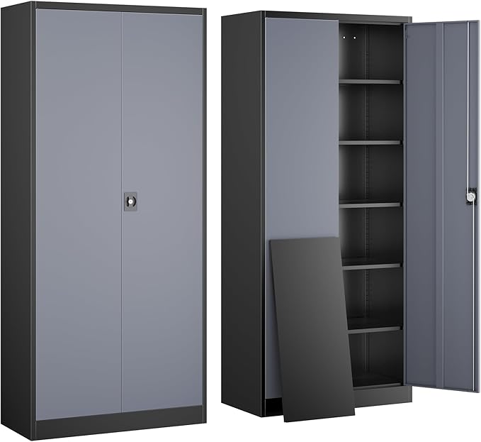Yizosh Metal Garage Storage Cabinet with Lock, 71" Locking Tool Cabinet with 2 Doors and 5 Shelves, Tall Steel Cabinet for Garage, Heavy Duty File Cabinet for Office, School (Black Gray)