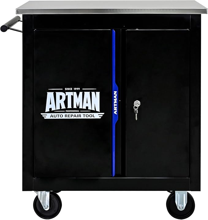 2-Door 2-Shelf Rolling Tool Chest with Stainless Steel Countertop,Tool Chest with Secure Locking System,Mobile Storage Tool Cabinet with 360°Wheels and Padded Feet,for Home,Garage(Black+Blue)