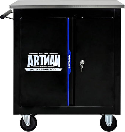 2-Door 2-Shelf Rolling Tool Chest with Stainless Steel Countertop,Tool Chest with Secure Locking System,Mobile Storage Tool Cabinet with 360°Wheels and Padded Feet,for Home,Garage(Black+Blue)