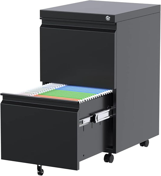 METAN Fully Assembled 2 Drawer File Cabinet with Lock, Mobile Under Desk Filing Cabinet for Office Legal/Letter Size, Pre Assembled Except Wheels,Black