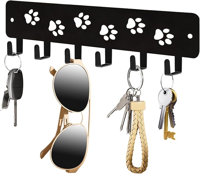 Key Hooks Key Holder Decorative Dog Leash Holder for Wall, 6 Hooks 9.75×2.73 inch for Wall Decorative Animal Storage Rack Adhesive, Black Hooks for Entrance Living Room Kitchen-Gifts for Dog Lovers