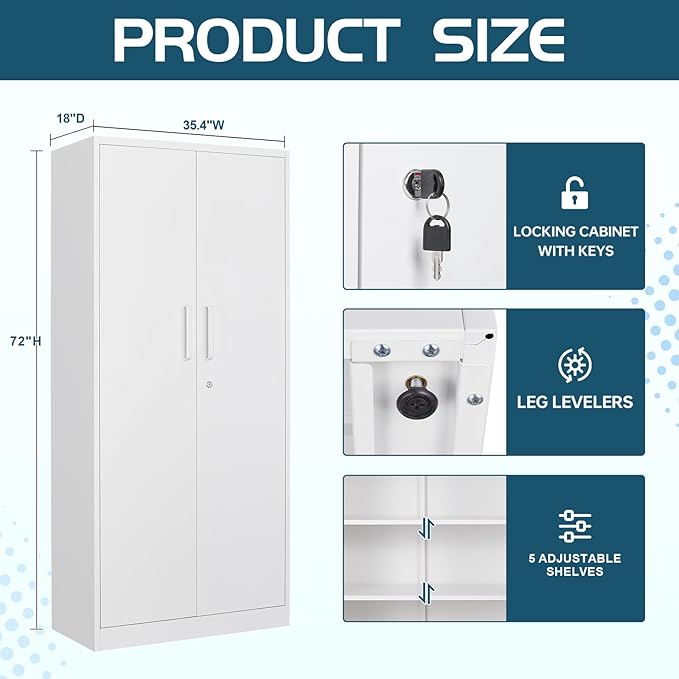 MIIIKO 72" White Metal 5-Shelf Cabinet with Locking Doors, 36" Wide Snap-Latch Steel Cabinet for Home Office, Pantry, School