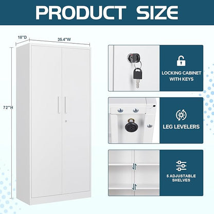 MIIIKO 72" White Metal 5-Shelf Cabinet with Locking Doors, 36" Wide Snap-Latch Steel Cabinet for Home Office, Pantry, School