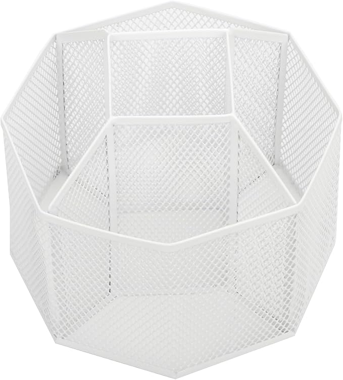 Annova Mesh Desk Organizer Rotate with 5 Compartments Spinning Tidy Candy/Pen Holder Office, Art Supply, Storage, Classroom, Home (White)