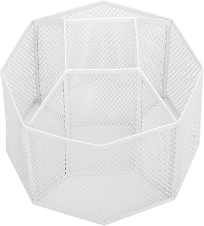 Annova Mesh Desk Organizer Rotate with 5 Compartments Spinning Tidy Candy/Pen Holder Office, Art Supply, Storage, Classroom, Home (White)
