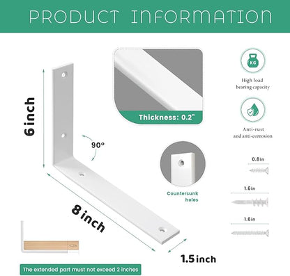 Shelf Brackets 8 Inch Wall L Brackets 8PCS Heavy Duty for Shelves Metal White Rustic Industrial Brackets for DIY Opening Shelves Project Hardware Included