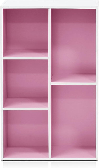 Furinno LUDER Book Shelf, 5-Cube Bookshelf, Reversible Bookcase, 9.4 x 19.5 x 31.5, for Living Room, Bedroom, Home Office, White/Pink
